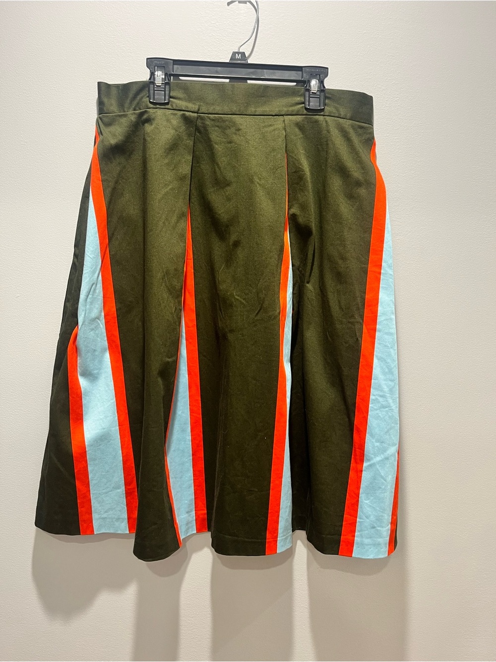 Closet London Striped Box Pleat Bell Midi Skirt Olive Green Orange‎ Mod Size 10